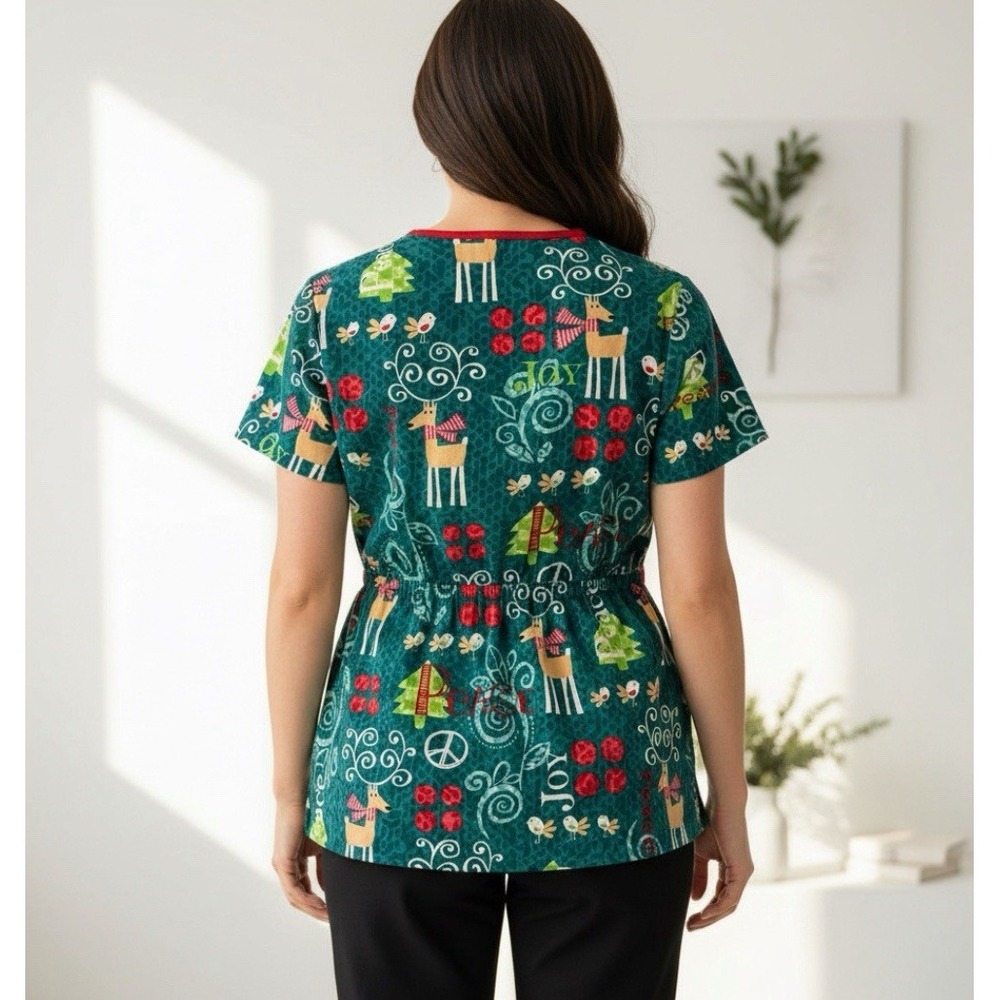Scrub HQ Holiday Reindeer Scrub Top Women XL Teal Peace Joy Mock Wrap‎ - Picture 3 of 11